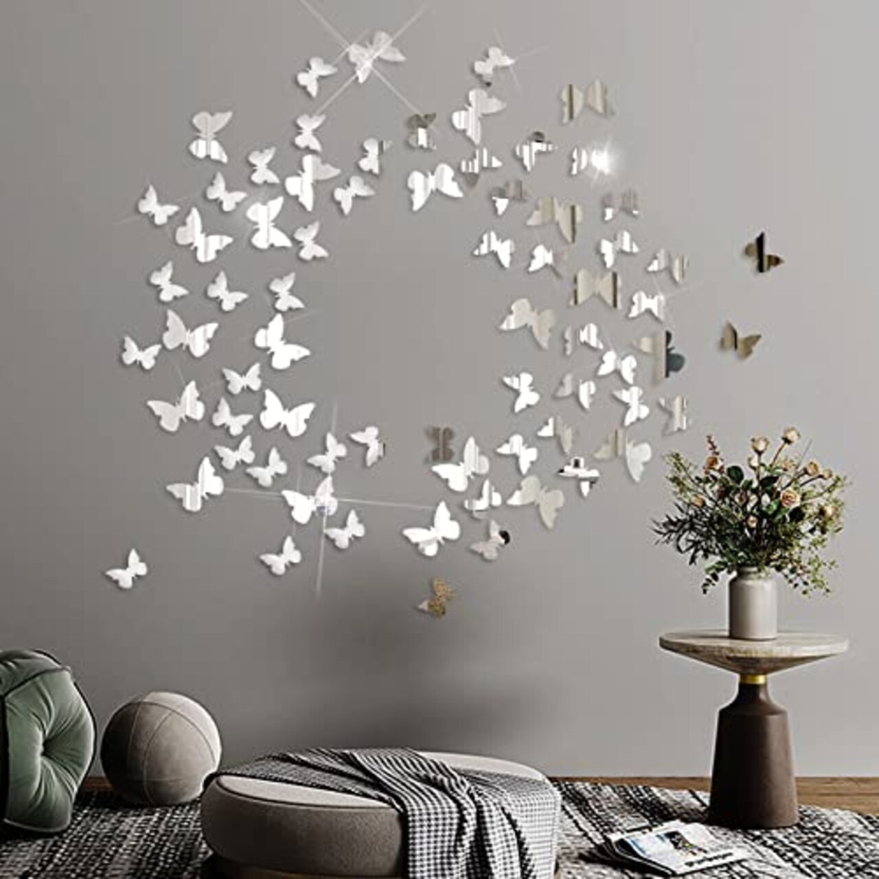 Acrylic Mirror Wall Decor, Butterfly Wall Decorations,2 Sizes Butterfly Stickers Wall Decals,100 Pcs DIY Wall Stickers for Home Nursery Classroom Kids Bedroom Bathroom Living Room Decor (Silver)
